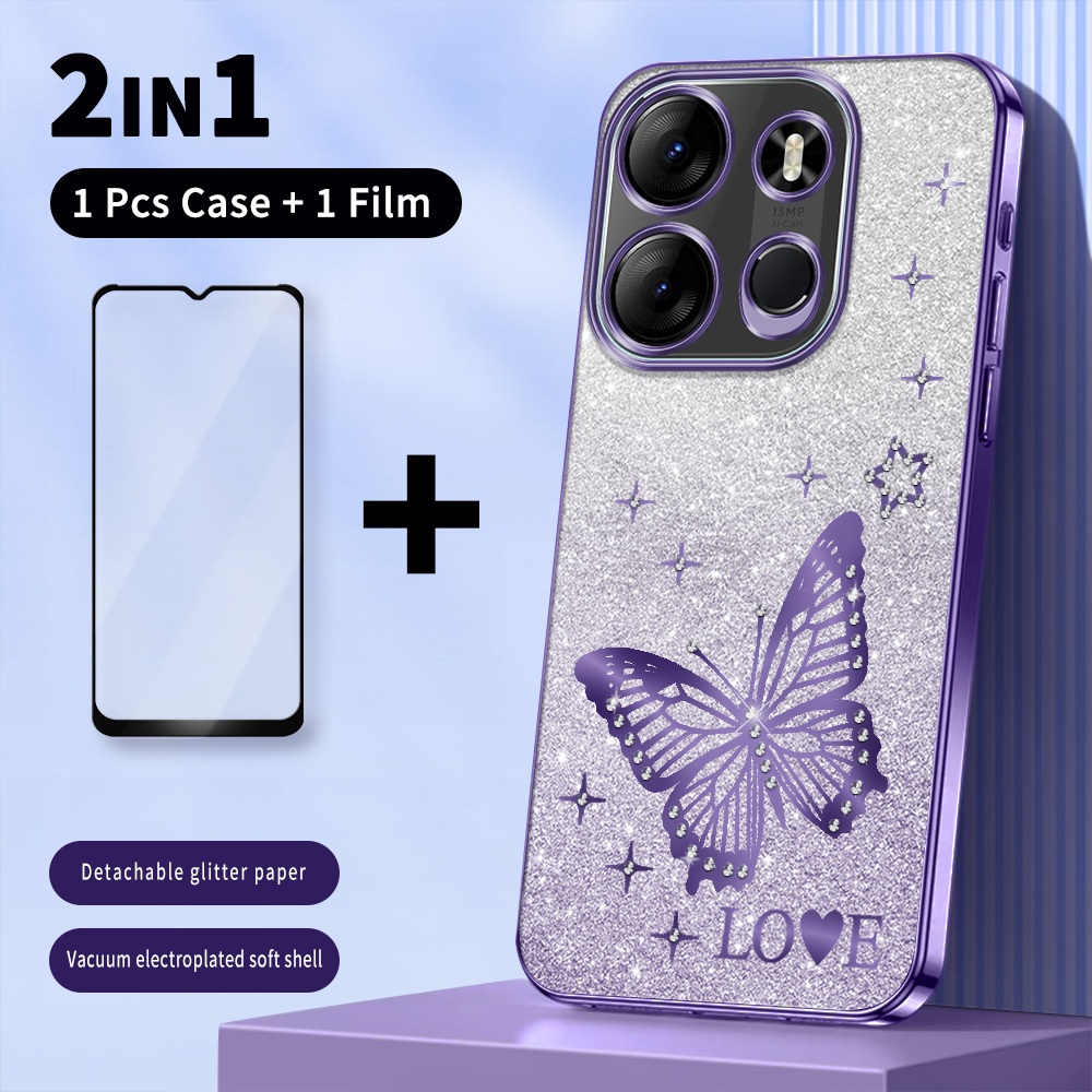 2 in 1 Glitter คริสตัลสําหรับ Tecno Spark Go 2023/Pop 7 Pro/Pop 7/BF7/BF7n/BF7h กรณี Rhinestone กันก