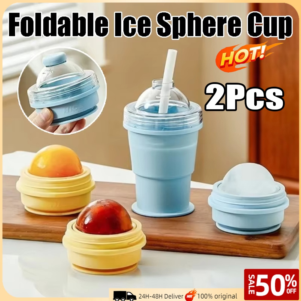2 ชิ้นถ้วยน้ําแข็งพับได้แบบพกพา 2-in-1 Ice Ball Maker พร้อมถ้วยฟาง,ซิลิโคนเกรดอาหาร, Compact & Stackable สําหรับฤดูร้อนท่องเที่ยวกลางแจ้ง