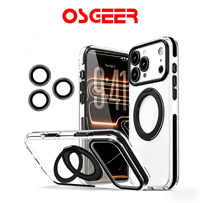 [OSGEER]เคสใสแม่เหล็กสำหรับiPhone11-17ProMaxมีขาตั้งแหวนหมุนได้360°ป้องกันการตกเกรดทหารกันเหลืองแผ่นหลังแข็ง