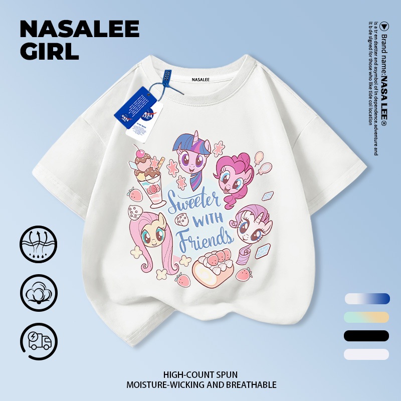 【จัดส่งวันเดียวกัน】เสื้อยืดผ้าฝ้ายสีขาวสำหรับเด็ก ลายม้าโพนี่น่ารัก ระบายอากาศได้ดี เหมาะสำหรับหน้าร้อน แขนสั้น เหมาะสำหรับเด็กหญิงอายุ 3-16 ปี