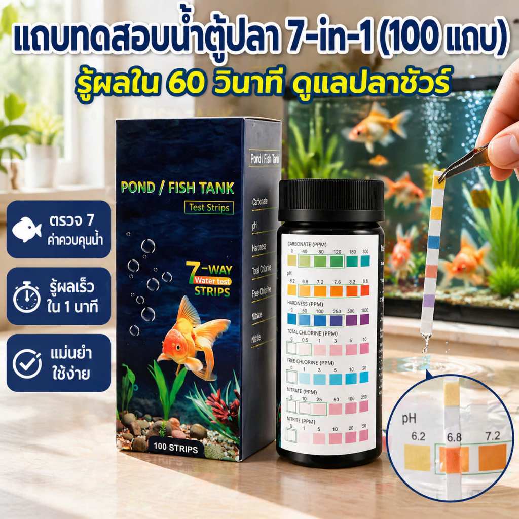 100/200 ชิ้น 7 in 1 ชุดทดสอบตู้ปลา ชุดแถบทดสอบค่า pH ชุดตรวจคุณภาพน้ำ พร้อมท่อทด ที่ตรวจค่า pH ในน้ำ