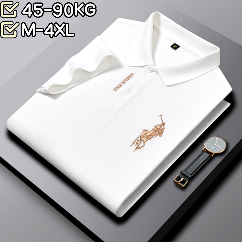 เสื้อโปโลผ้าไหมน้ำแข็งสำหรับหนุ่ม สไตล์ทำงานและลำลอง มีไซต์ใหญ่จาก M ถึง 4XL เหมาะสำหรับน้ำหนัก 45-90 กก.