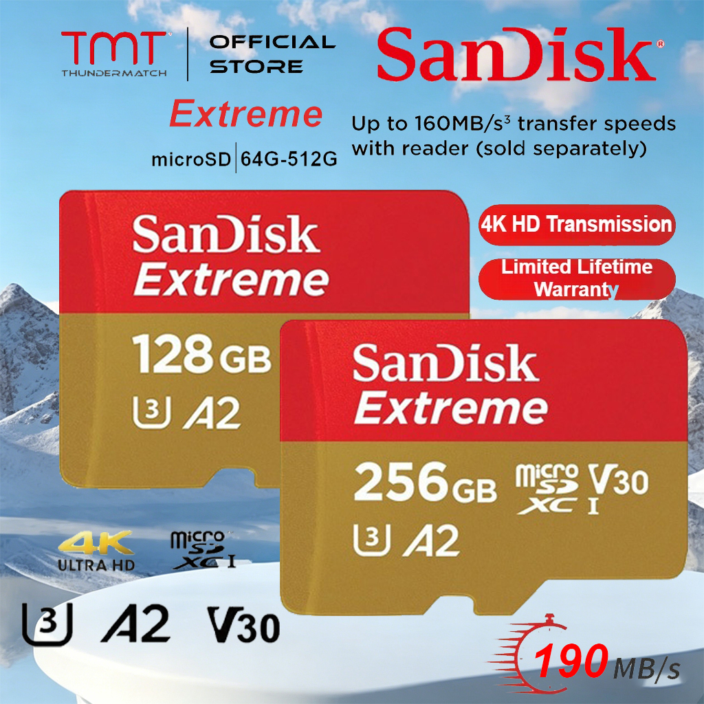 (ส่งด่วน) SANDISK Extreme Micro SD card 128GB [190MB] SDcard แท้ UHS-I V30 4K U3 C10 Memory card โดรน โทรศัพท์ V30 A2 ความเร็วอ่านสูงสุด 200MB/s