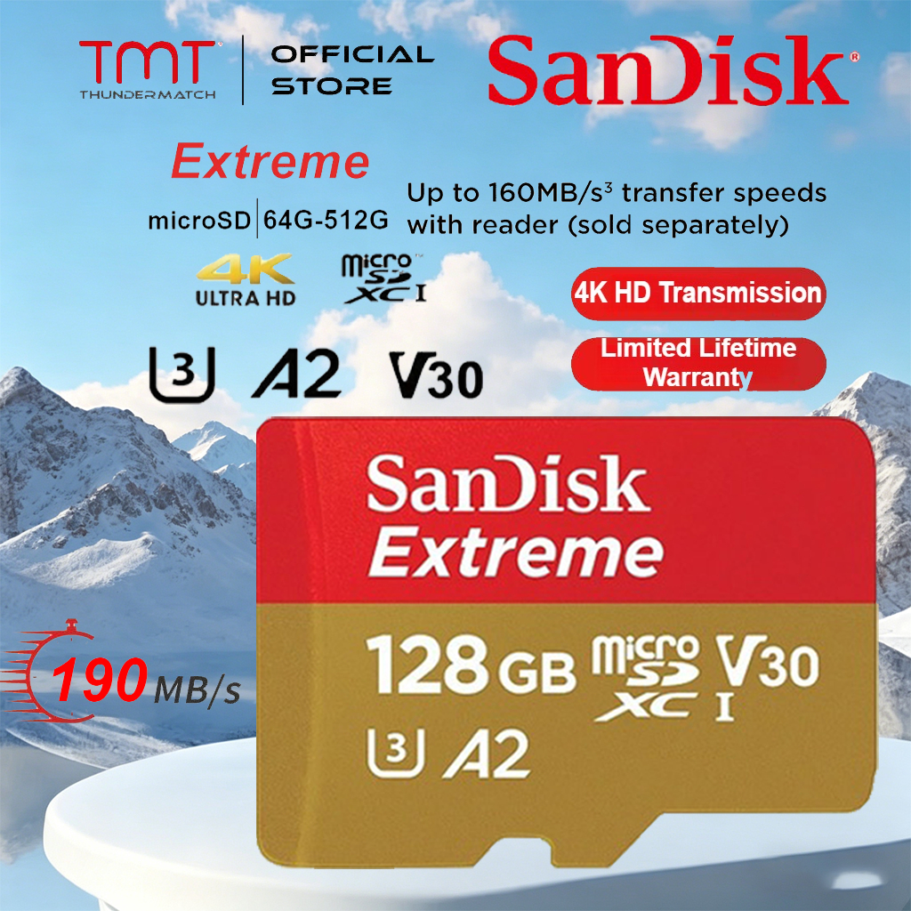 (ส่งด่วน) SANDISK Extreme Micro SD card microSDXC 128GB V30 U3 C10 A2 190MB/s  SDcard แท้ UHS-I V30 U3 C10 A2 Memory card โดรน โทรศัพท์ ความเร็วอ่านสูงสุด 200MB/s ราคา ถูกที่สุด ดีลบีเคเค