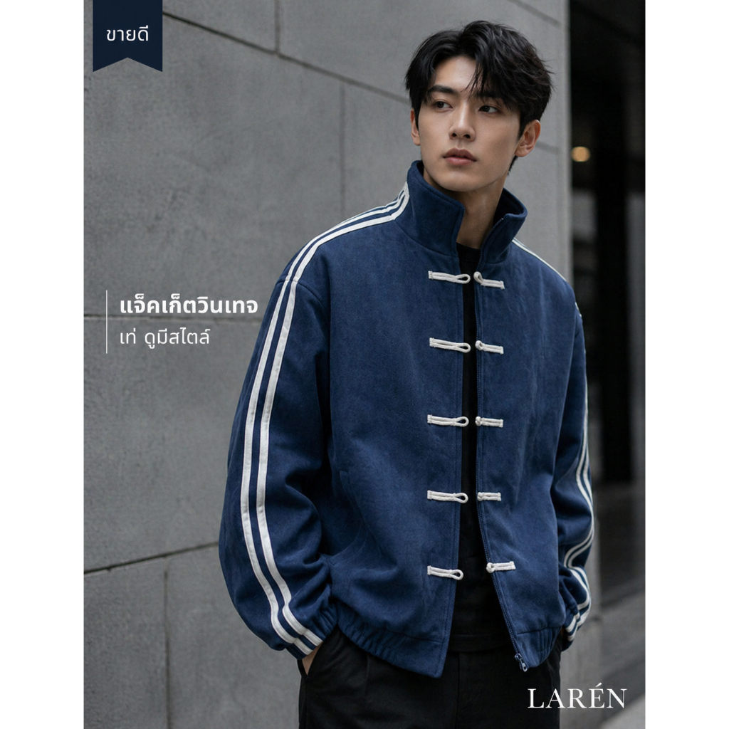 LARÉN เสื้อแจ็คเก็ตผู้ชาย คอจีน ทรงหลวม สไตล์วินเทจ