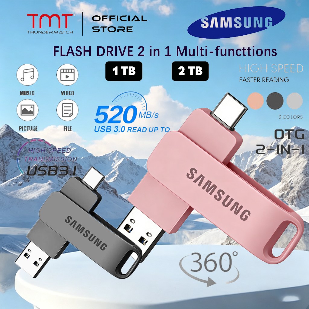 【รับประกัน 5 ปี】Samsung แฟลชไดรฟ์ USB3.0 Type-C+USB 2in1 512GB 1TB 2TB ความเร็วสูง Flash Drive OTG สำหรับทุกอุปกรณ์