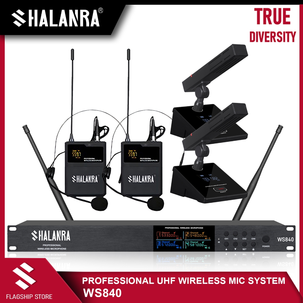 SHALANRA WS840 ระบบไมโครโฟนไร้สาย UHF มือถือ/คอ/ชุดหูฟัง/แบบหนีบเสื้อพร้อมไมโครโฟน Bodypack สําหรับก