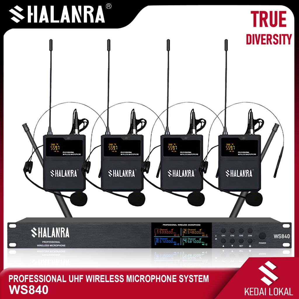 SHALANRA WS840 ระบบไมโครโฟนไร้สาย 4 ช่อง UHF มือถือ/คอ/ชุดหูฟัง/Lavalier Bodypacks Mic สําหรับห้องเร
