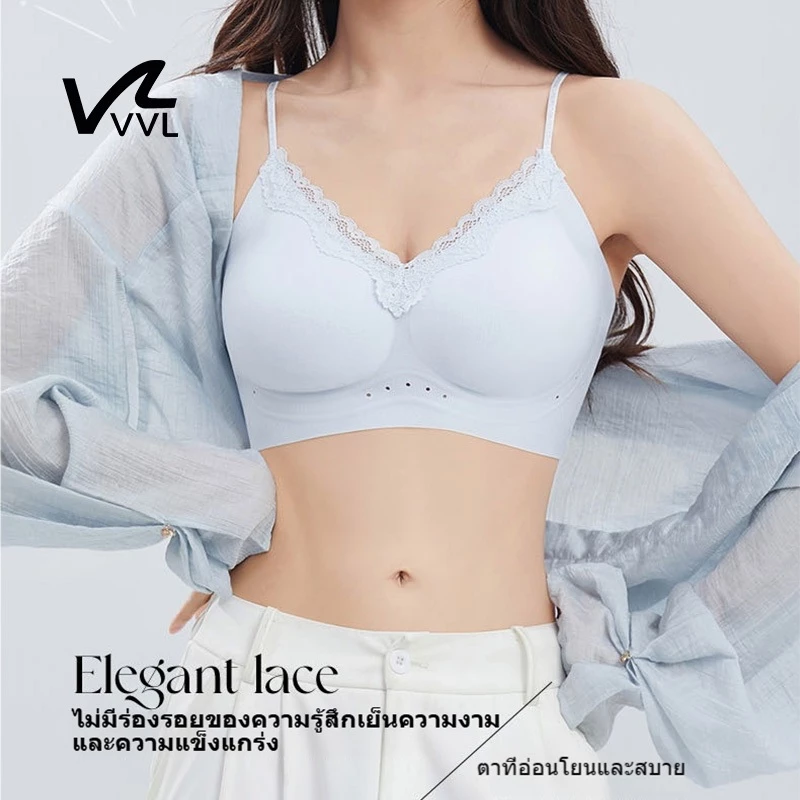 VVLWomen Lace Seamless Wireless Bra, Breathable Thin Strap Bralette, All-day Comfort Push Up ชุดชั้นใน