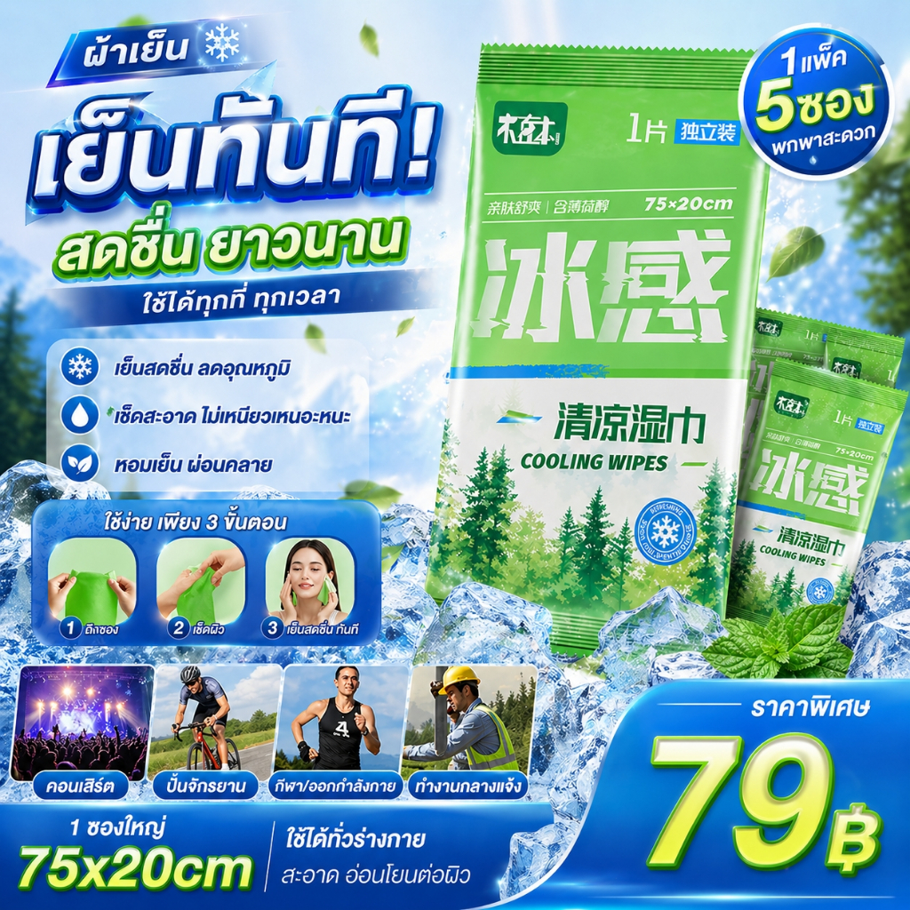 [ซื้อ 10 แถม 10] ❄️ทิชชู่เปียก ผ้าเปียกเย็น ขนาดใหญ่ เช็ดตัวได้ เย็นทันที คลายร้อน พกพาง่าย ใช้หลังออกกำลังกาย/กลางแจ้ง