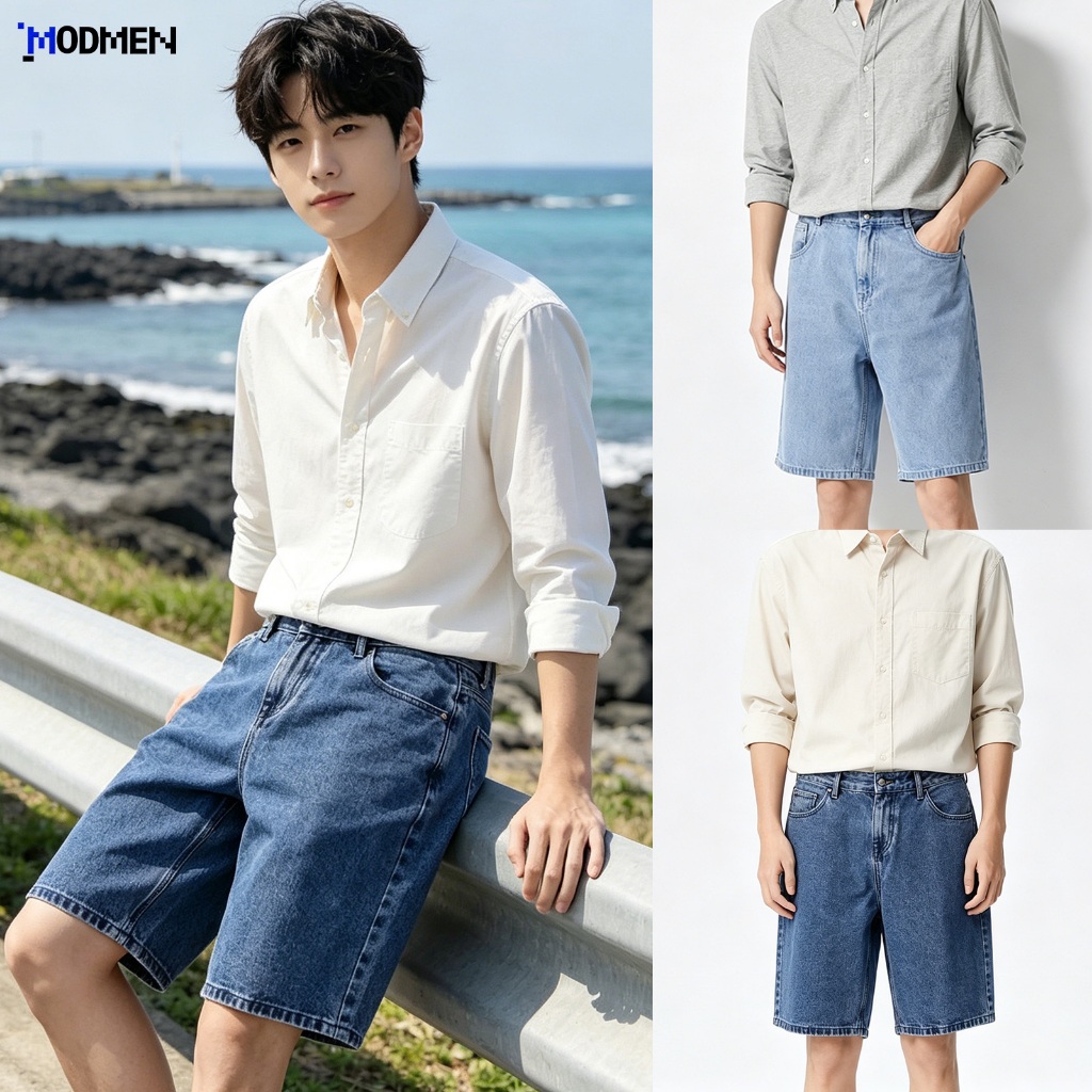 ModMenกางเกงขาสั้นผู้ชาย ยีนส์ขาสั้น ทรงหลวม ผ้ายีนส์นิ่ม  แฟชั่นฤดูร้อน สไตล์เกาหลี เหมาะกับทุกรูปร่าง มี2สี