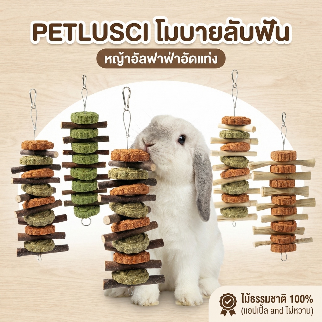 🐰Petlusci🐿️ โมบายคุ้กกี้ ของเล่นกระต่าย 6 แบบ ไม้แอปเปิ้ล ไผ่หวาน หญ้าอัดแท่ง หมดปัญหาฟันยาว