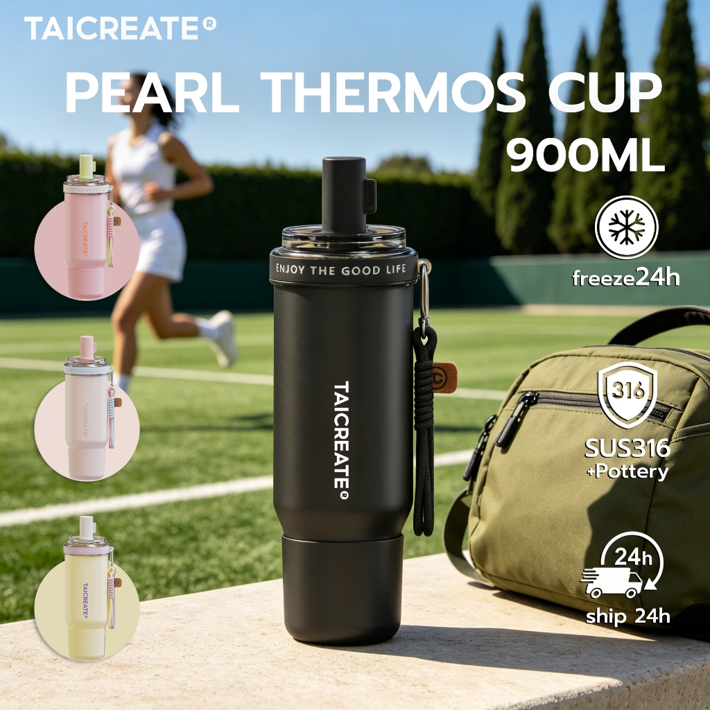 TaiCreate® แก้วน้ําสุญญากาศ Pearl Cup Tumbler 900ML/30oz เก็บความเย็น และร้อน อเนกประสงค์ พร้อมหลอดดูด 316L เคลือบเซรามิก 24hเก็บอุณหภูมิร้อนเย็น การเดินทาง กิจกรรมกลางแจ้ง
