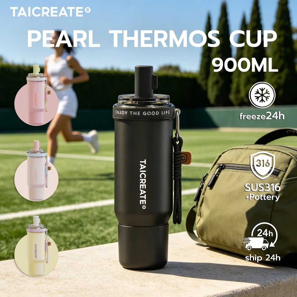 TaiCreate® แก้วน้ําสุญญากาศ Pearl Cup Tumbler 900ML/30oz เก็บความเย็น และร้อน อเนกประสงค์ พร้อมหลอดดูด 316L เคลือบเซรามิก 24hเก็บอุณหภูมิร้อนเย็น การเดินทาง กิจกรรมกลางแจ้ง