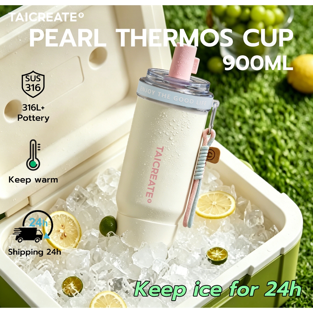 TaiCreate® แก้วเก็บความเย็น Pearl Cup 900ML/30oz ถ้วยน้ําความจุขนาดใหญ่ 316L เคลือบเซรามิก 24hเก็บอุณหภูมิร้อนเย็น Thermos cup Outdoor Water Bottle ถ้วยติดรถยนต์