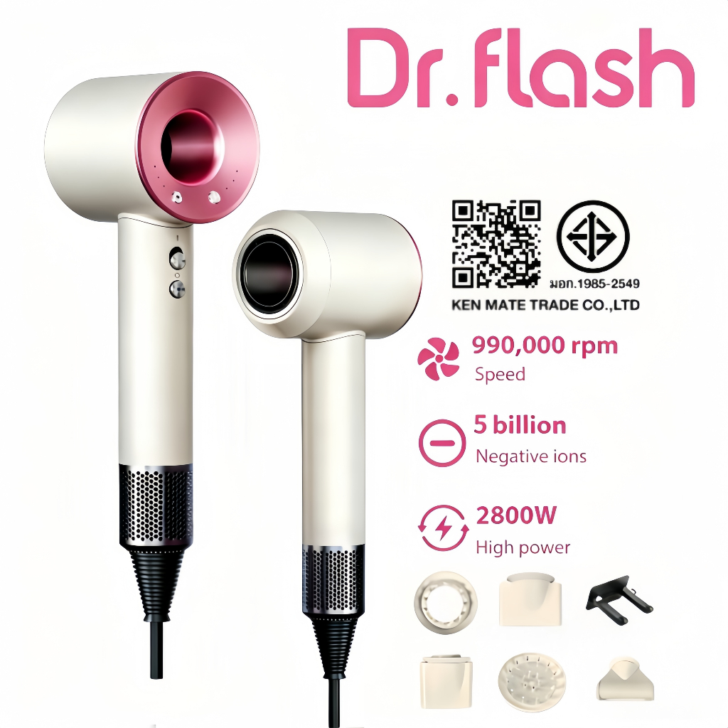 Dr.Flash High-Speed Hair Dryer ไดร์เป่าผมรุ่นพกพา ไอออนลบ 500 ล้านตัว โหมดพิเศษสำหรับเด็ก กำลังไฟ 3800W