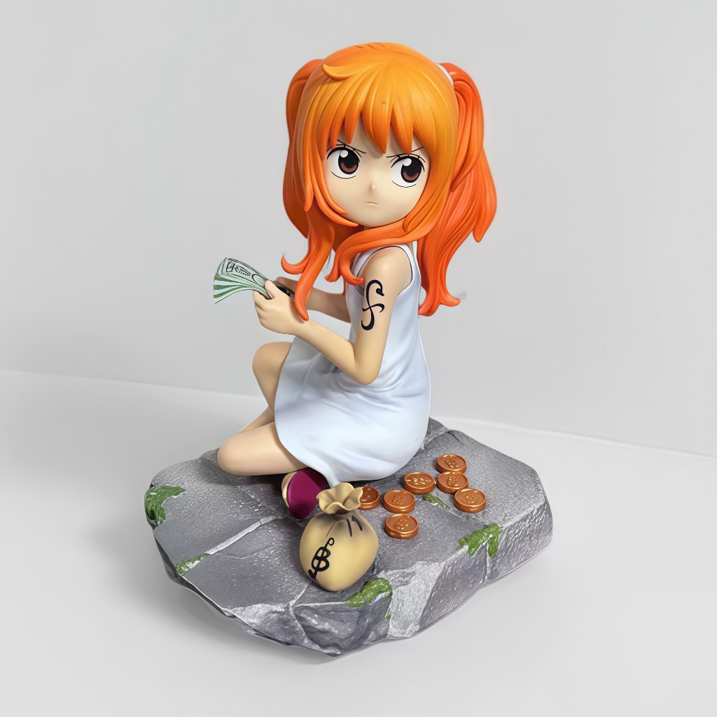 One Piece รุ่น Q ในวัยเด็ก Nami นับเงิน Nami ที่นั่งเล่นอินเทรนด์แชสซีตกแต่งรูปชนิดบรรจุกล่อง