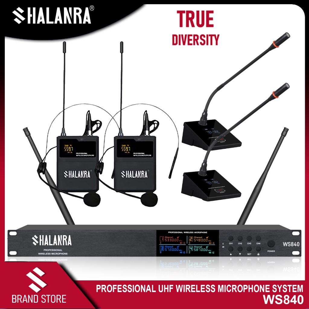 SHALANRA WS840 ระบบไมโครโฟนการประชุมไร้สาย UHF มือถือ/คอ/ชุดหูฟัง/Lavalier Bodypacks Mic
