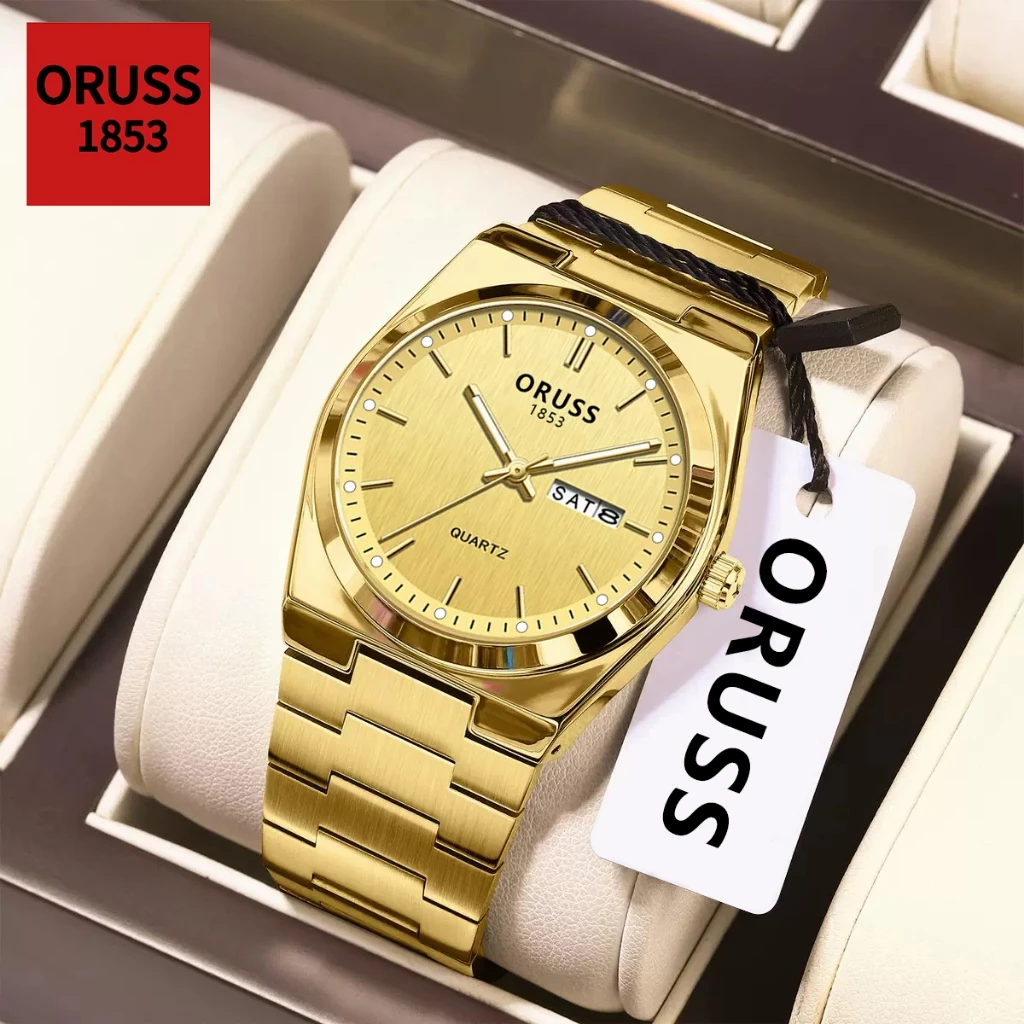 ORUSS รัส แบรนด์เดิมผู้ชายสแตนเลสปฏิทินกันน้ําส่องสว่างหรูหรานาฬิกาแฟชั่นเวอร์ชั่นเกาหลีนาฬิกาข้อมือควอตซ์