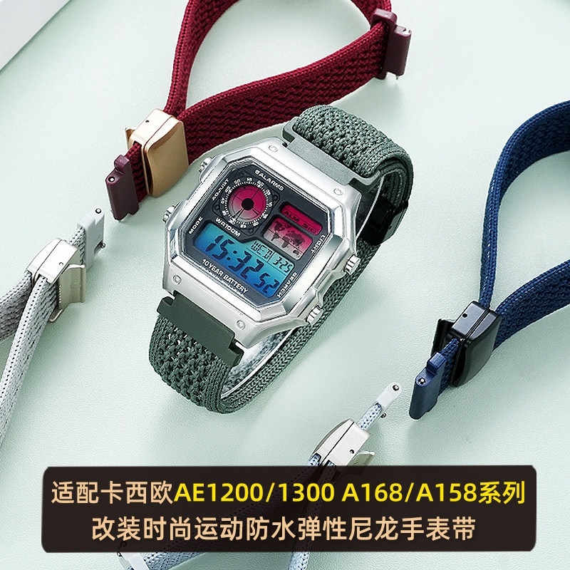 เหมาะสําหรับ Casio Small Square AE-1200WH/1300 A158/A168/F91 ดัดแปลงสายรัดผ้าใบไนลอน