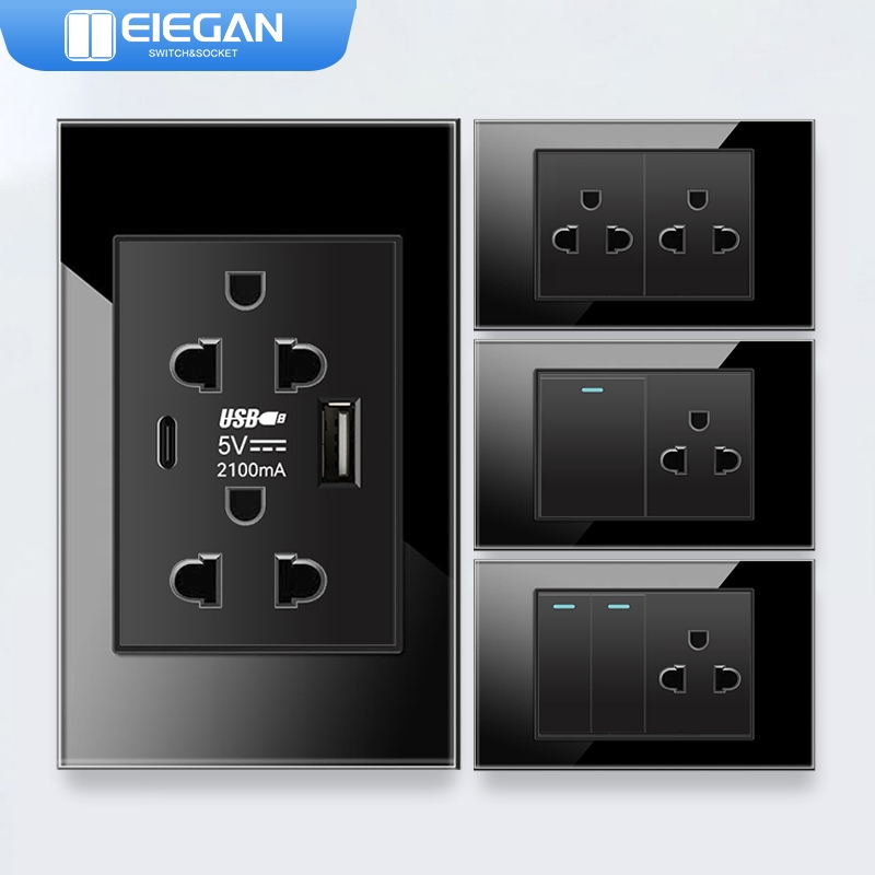 ELEGAN เต้ารับสวิตช์ติดผนังวัสดุกระจกนิรภัย สีดํา USB TYPE-C-G18