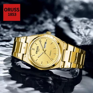 ORUSS รัส แบรนด์เดิมผู้ชายสแตนเลสปฏิทินกันน้ําส่องสว่างหรูหรานาฬิกาแฟชั่นเวอร์ชั่นเกาหลีนาฬิกาข้อมือควอตซ์