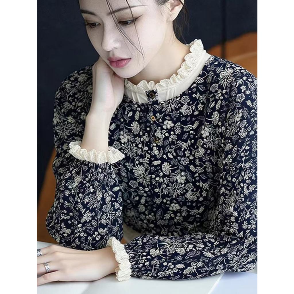เสื้อแขนยาวสไตล์เกาหลีสำหรับผู้หญิง พิมพ์ลายดอกไม้น่ารัก