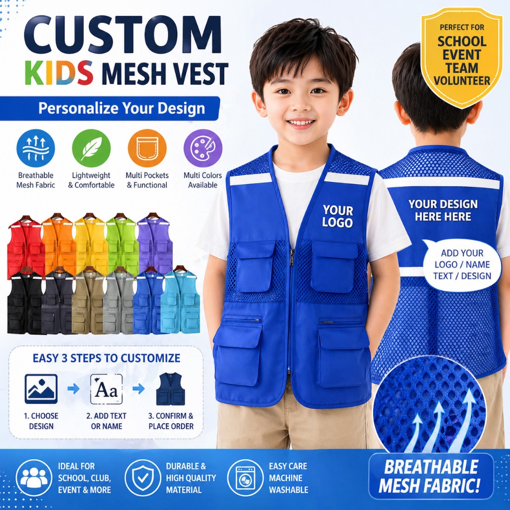 เสื้อกั๊กความปลอดภัยตาข่ายสําหรับเด็กโลโก้ที่กําหนดเองพร้อมกระเป๋า 6 ชิ้นและแถบสะท้อนแสง | เสื้อกั๊กอาสาสมัครเด็กวัยหัดเดินระบายอากาศ | ชุดค่ายโรงเรียนและฤดูร้อนที่ปรับแต่งได้