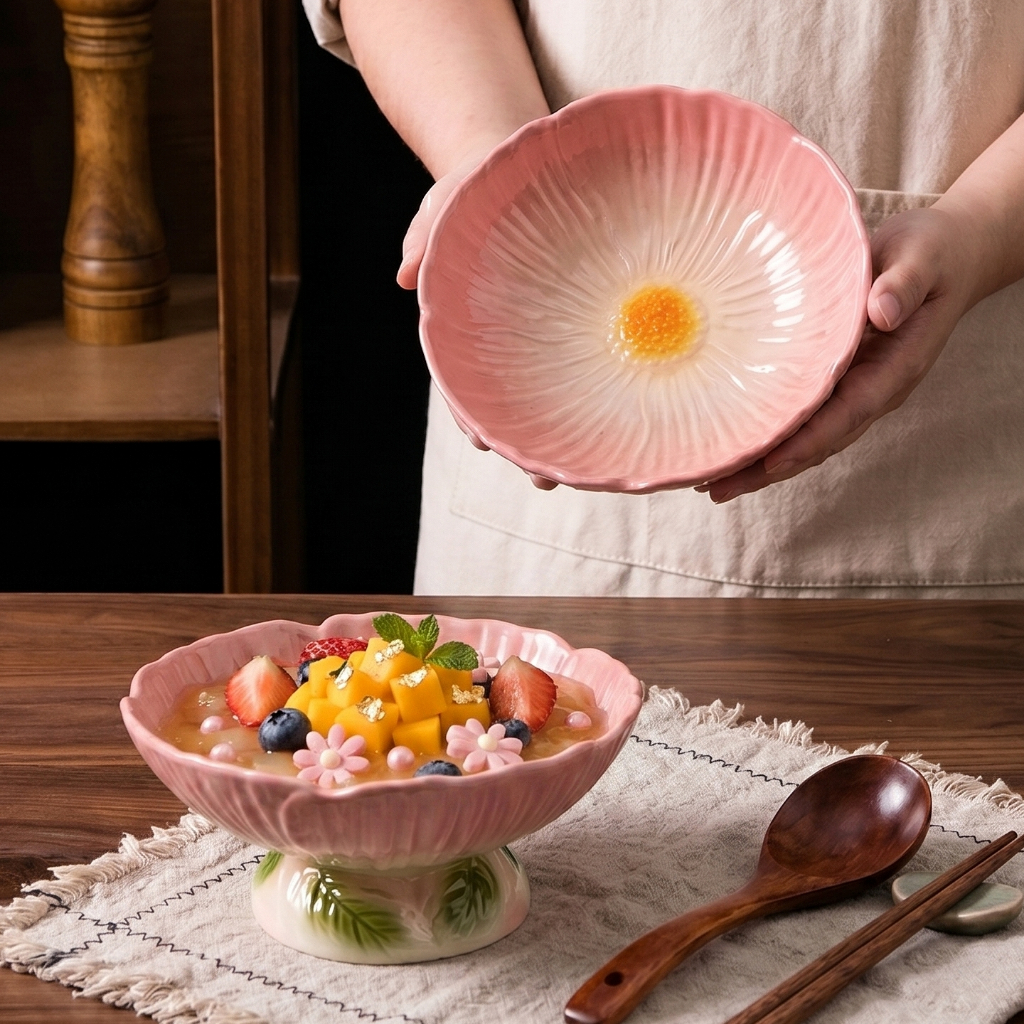 HongDian ชามขาสูงลายซากุระสีชมพู pedestal fruit bowl 6 นิ้ว เซรามิกพรีเมียม ลายนูนวาดมือ ทรงดอกไม้ ใช้ใส่ผลไม้ ขนม โยเกิร์ต สลัด หรือเป็นของแต่งโต๊ะครัว คาเฟ่ ของขวัญ สีใต้เคลือบไม่ซีด ใช้ไมโครเวฟ เครื่องล้างจานได้ทุกวัน สไตล์หวานน่ารัก