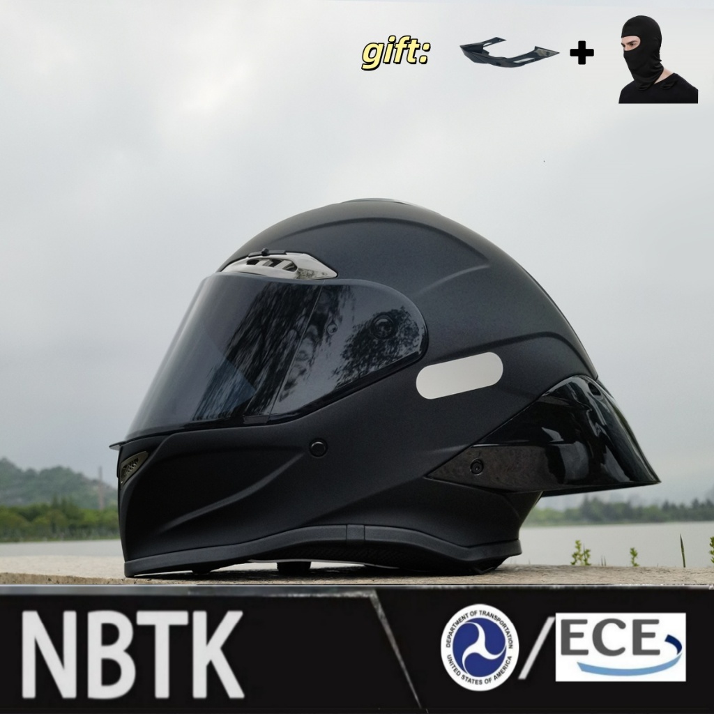 NBTK Matte Black Full-Face Motorcycle Helmet, ABS Material with EPS Liner for Shock Absorption and Removable Wash Liners, 8 Ventilation Ports (with Switch), Built in Front Mouth Vents & Long/Short Spoilers Adjustment