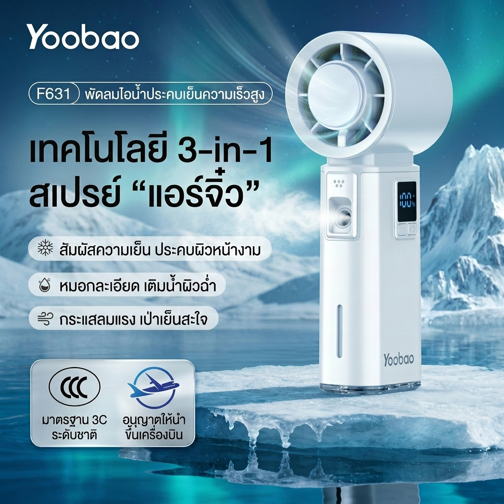 Yoobao F631 พัดลมมือถือ 5000 mAh 100-speed ปรับ ชาร์จพัดลมแบบพกพา Strong Wind Cooling Jet พัดลม 12 ชั่วโมงแบตเตอรี่ยาวนานสเปรย์ มีฟังก์ชันสเปรย์และเพิ่มความชื้น