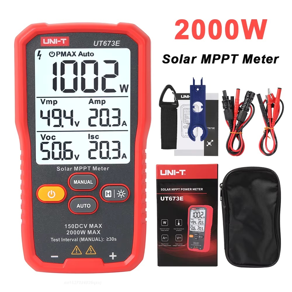 UNI-T UT673E พลังงานแสงอาทิตย์ MPPT Meter 60-2000W PV โมดูลสูงสุด Power Meter บลูทูธเครื่องทดสอบแผงตาแมว Vmp Imp Voc Isc Test