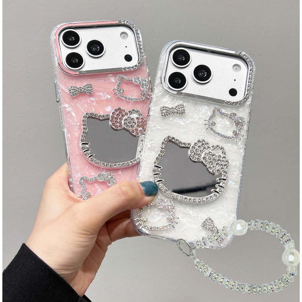 NewDiamond Frames Quicksand Conch Texture Multiple Diamond Kitty Mirror Pattern IMD Phone Case, with Bracelet, For iPhone 11, 12, 13, 14, 15, 16, 17 Series