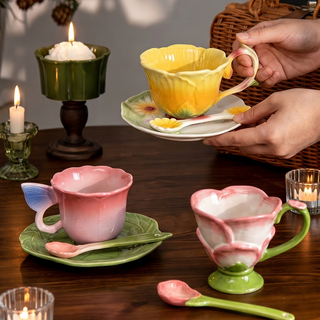 HongDian เซรามิกถ้วยจานรองลายดอกเบญจมาศ ceramic cup saucer spoon set ถ้วยกาแฟถ้วยน้ำถ้วยอาหารเช้า สีชมพูสีเหลือง คุณภาพสูง men dưới ทนรอยขีดข่วน ไม่ลอกสี ล้างง่าย ใช้ไมโครเวฟ เตาอบ เครื่องล้างจาน ตู้ฆ่าเชื้อ ดีไซน์ต้นฉบับ โรงงานขายตรง ราคาถูก Shopee Lazada