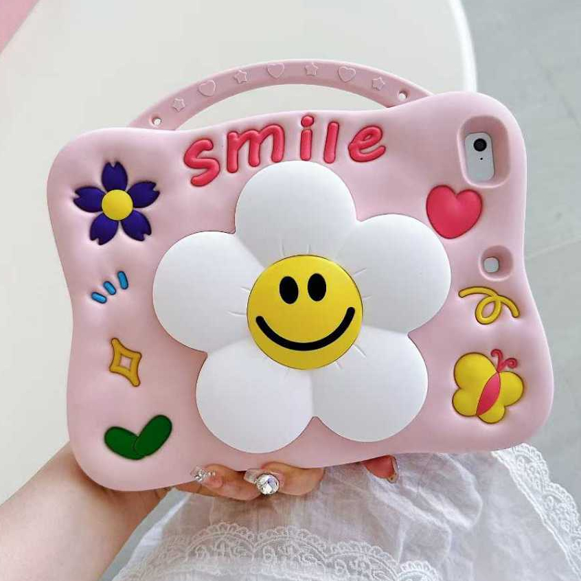 เคส ไอแพด ซิลิโคนดอกไม้น่ารักกันกระแทก, ขาตั้งแบบยืดหดได้, สายรัดแบบสะพายข้างพร้อมช่องดินสอ