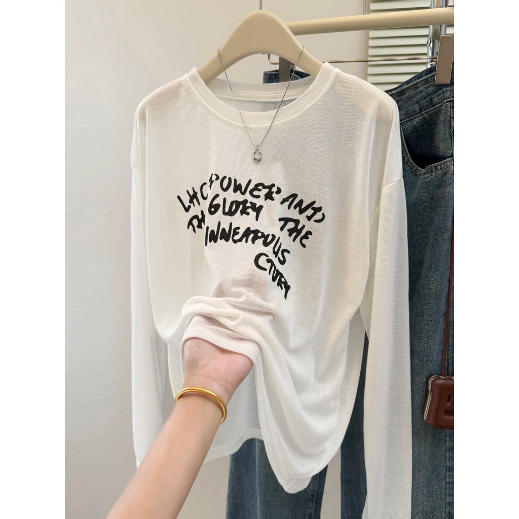 เสื้อยืดสไตล์เกาหลีสำหรับผู้หญิง แบบแขนยาว สวมใส่สบาย มีการป้องกันแสงแดด