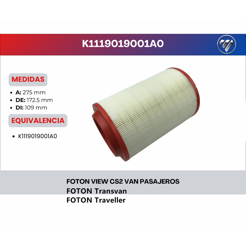 กรองอากาศ K1119019001A0 สําหรับ FOTON Transvan Traveller View CS2
