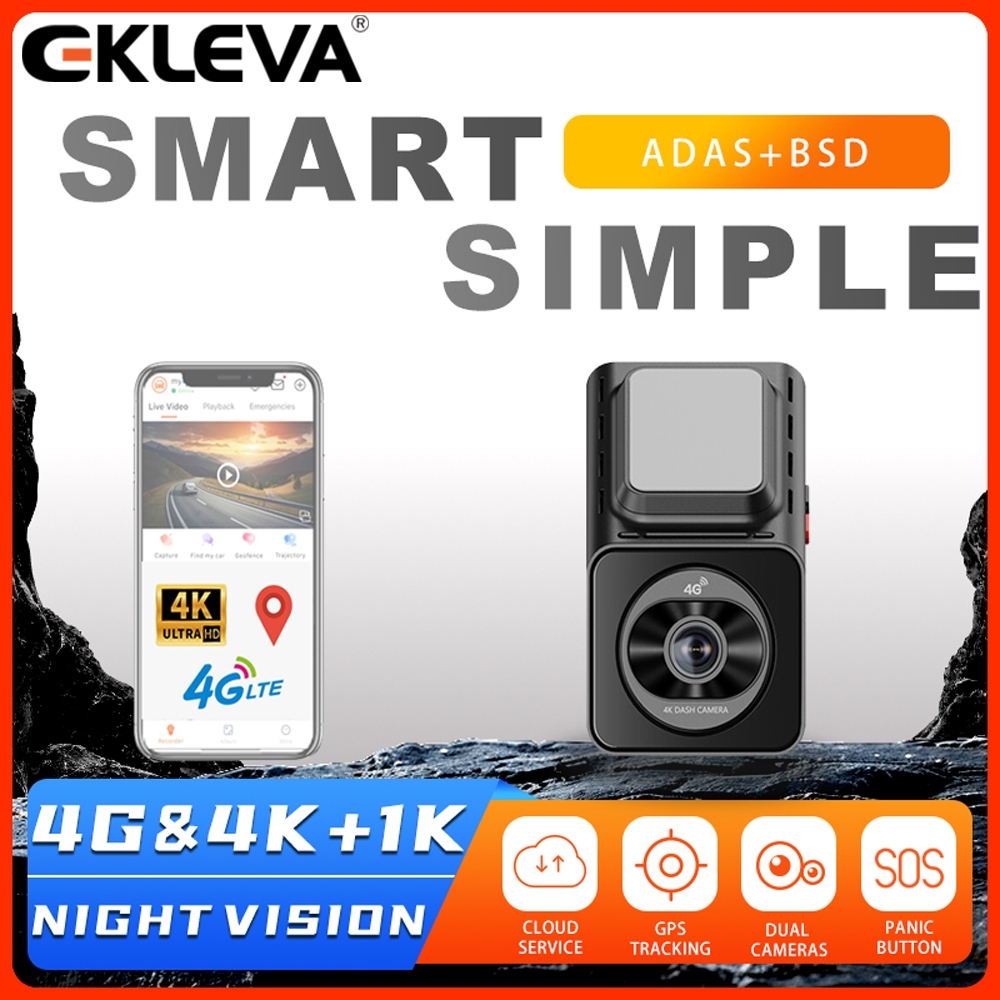 EKLEVA 4G Dash Cam FHD 4K 3840P พร้อม Night Vision Android WiFi GPS ติดตาม Dual รถ DVR กล้อง LiveVie