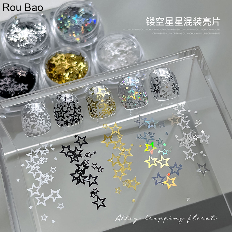 Rou Bao Nail Hollow Star เลื่อมทองเงินสีสัน Girly Nails Art DIY Charms ตกแต่ง