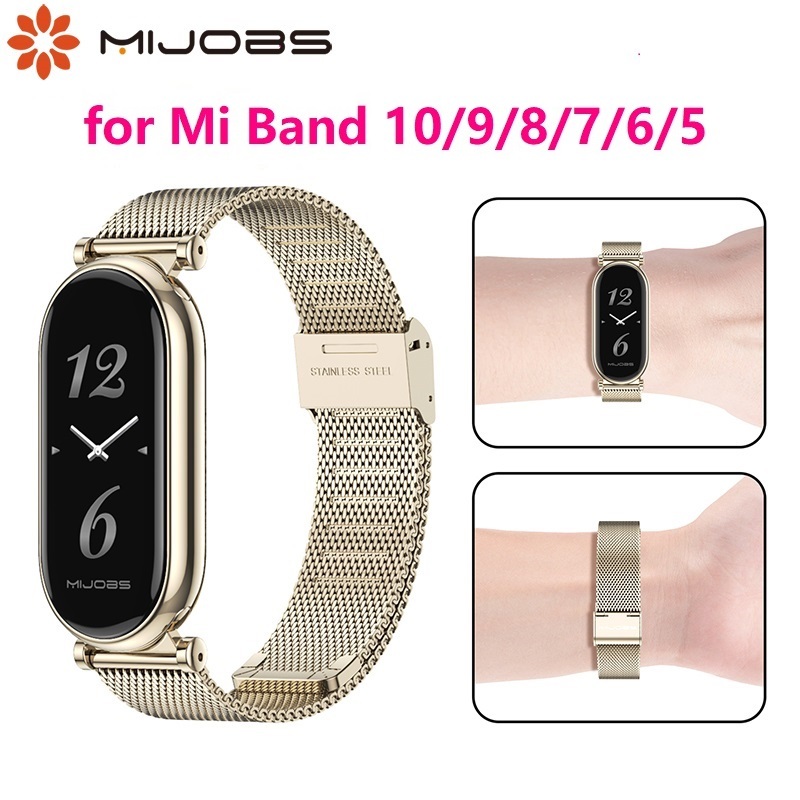 MIJOBS มิโจบส์ สาย ชาวมิลาน for Mi Band 10 9 8 7 6 5 สร้อยข้อมือโลหะสําหรับ Miband 9 เอ็นเอฟซี ทั่วโลกรุ่นสแตนเลสสายนาฬิกาข้อมือผู้ชายผู้หญิงอุปกรณ์เปล