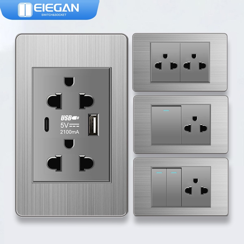 ELEGAN สวิตช์ผนังซ็อกเก็ตแผงวัสดุสแตนเลส-S18 สีเทา USB TYPE-C