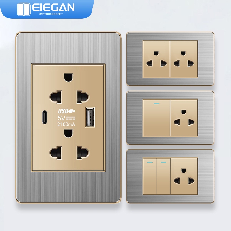 ELEGAN สวิตช์ผนังซ็อกเก็ตแผงวัสดุสแตนเลสสีทอง USB TYPE-C-S18