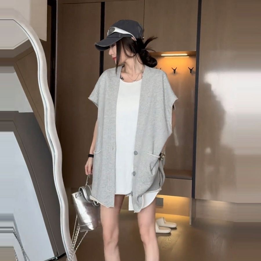 Big Eyes Vest Suit-Loose White T Vest Suit-Summer เสื้อยืดความยาวปานกลาง Layered Womens Sweatshirt F