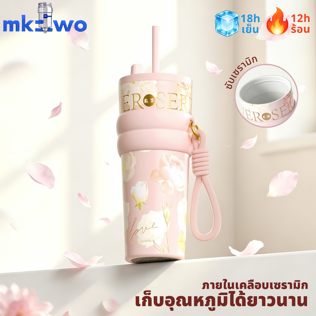 แก้วกาแฟสแตนเลสซับเซรามิกพร้อมฝาปิดกระติกน้ําสูญญากาศ Tumbler Floral Series