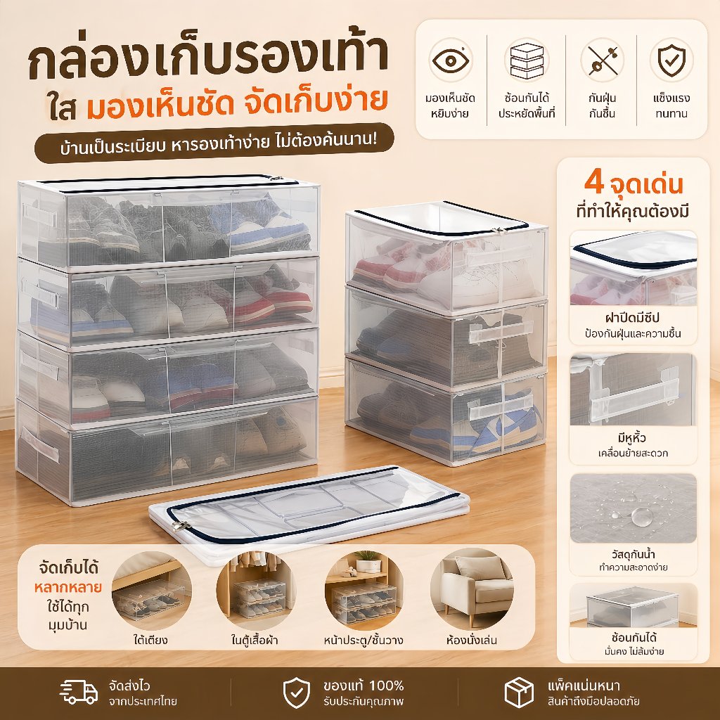 【ซื้อ 1 แถม 1】กล่องรองเท้าโครงเหล็กกันน้ำ กล่องเก็บรองเท้าพับเก็บง่าย วัสดุทนทาน ประหยัดพื้นที่