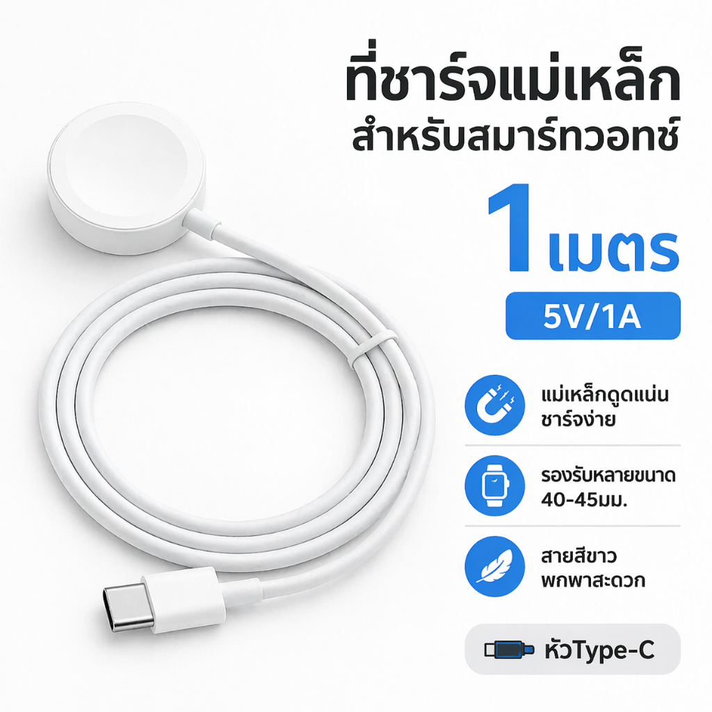 แท่นชาร์จไร้สายแม่เหล็กสำหรับสมาร์ทวอทช์ สายชาร์จ USB/Type-C ยาว 1 เมตร 5V/1A รองรับขนาด 40 41 42 44 45 มม. สีขาว