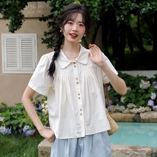 ผู้หญิง ปลอกคอตุ๊กตา เสื้อเชิ้ตแขนสั้น แฟชั่น ผ่อนปรน ท็อปส์ซูสีทึบ