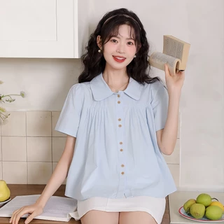 ผู้หญิง ปลอกคอตุ๊กตา เสื้อเชิ้ตแขนสั้น แฟชั่น ผ่อนปรน ท็อปส์ซูสีทึบ
