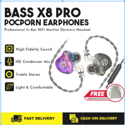 Popcorn BASS X8 PRO หูฟังแบบไดนามิก Hi-Fi Bass หูฟัง In Ear Monitor ไมโครโฟนแบบถอดได้ Type-C 3.5 มม.ปลั๊กชุดหูฟัง