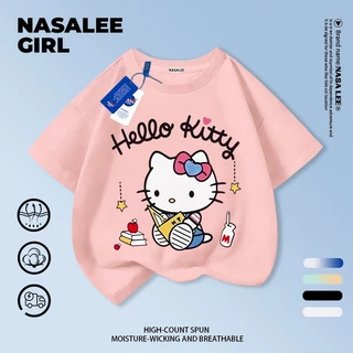 【จัดส่งวันเดียวกัน】เสื้อผ้าฝ้ายสีชมพูสำหรับเด็ก ลายคิตตี้แมวการ์ตูน น่ารัก สนุกสนาน ใส่แล้วระบายอากาศดี เหมาะสำหรับหน้าร้อน เป็นเสื้อแขนสั้น เหมาะสำหรับเด็กอายุ 3-16 ปี ทั้งชายและหญิง